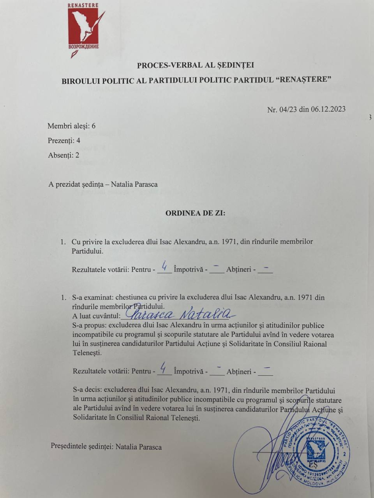 DOC// Conducerea Partidului ”Renaștere” a decis să excludă din rândurile formațiunii un consilier din raionul Telenești